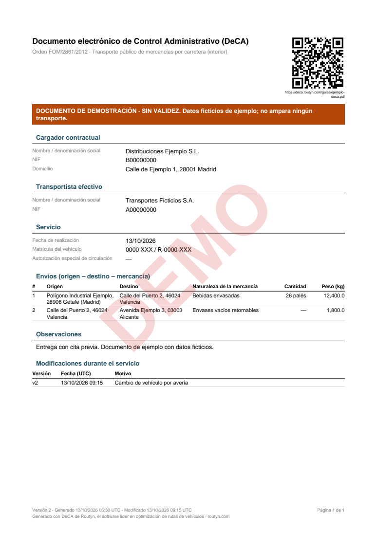 Ejemplo de DeCA electrónico en PDF con código QR, cargador contractual, transportista efectivo, servicio, envíos y modificaciones