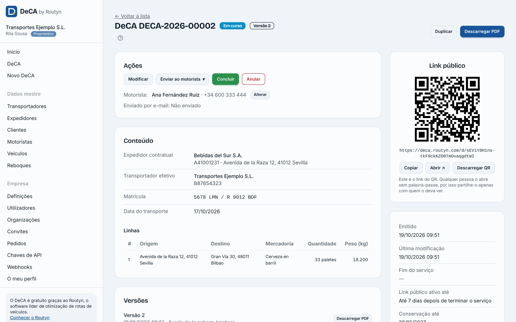 Detalhe de um DeCA com o histórico de versões e o link público