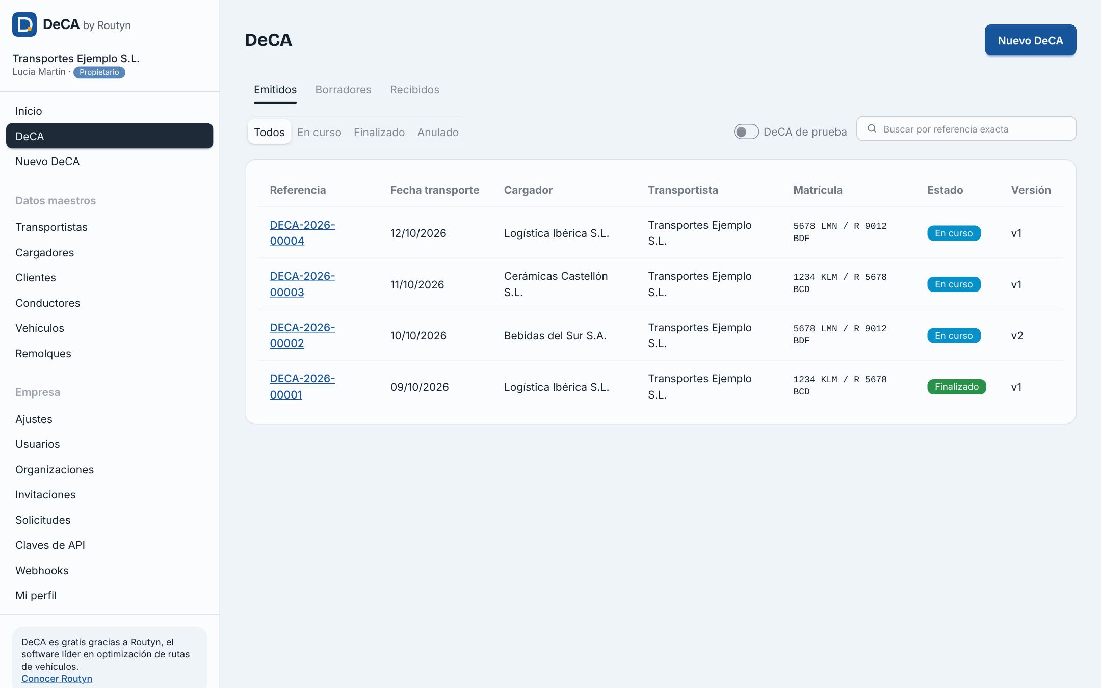 Lista de DeCA de una empresa de transporte con su estado y matrícula