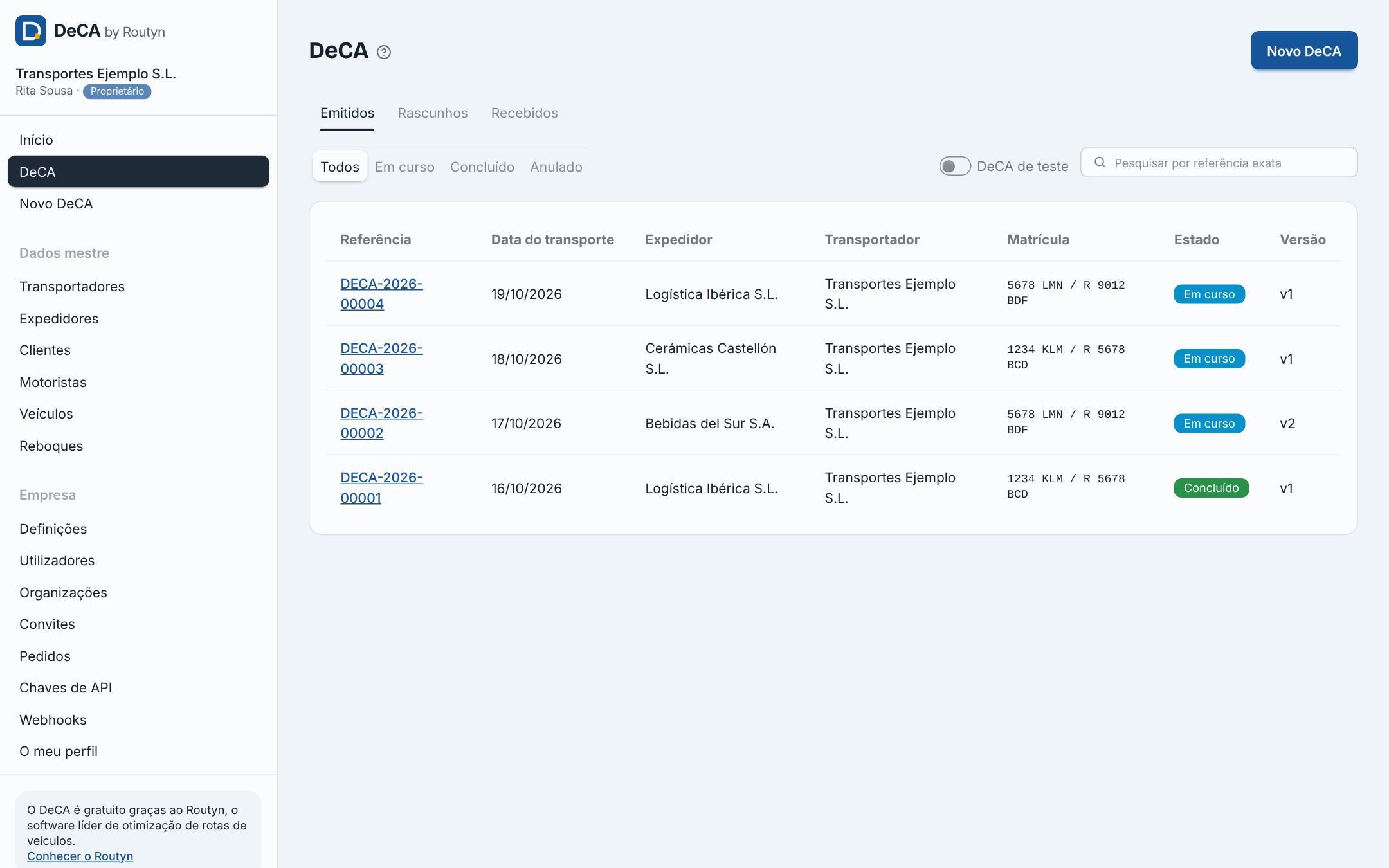 Lista de DeCA com o estado, a referência, o expedidor e a data