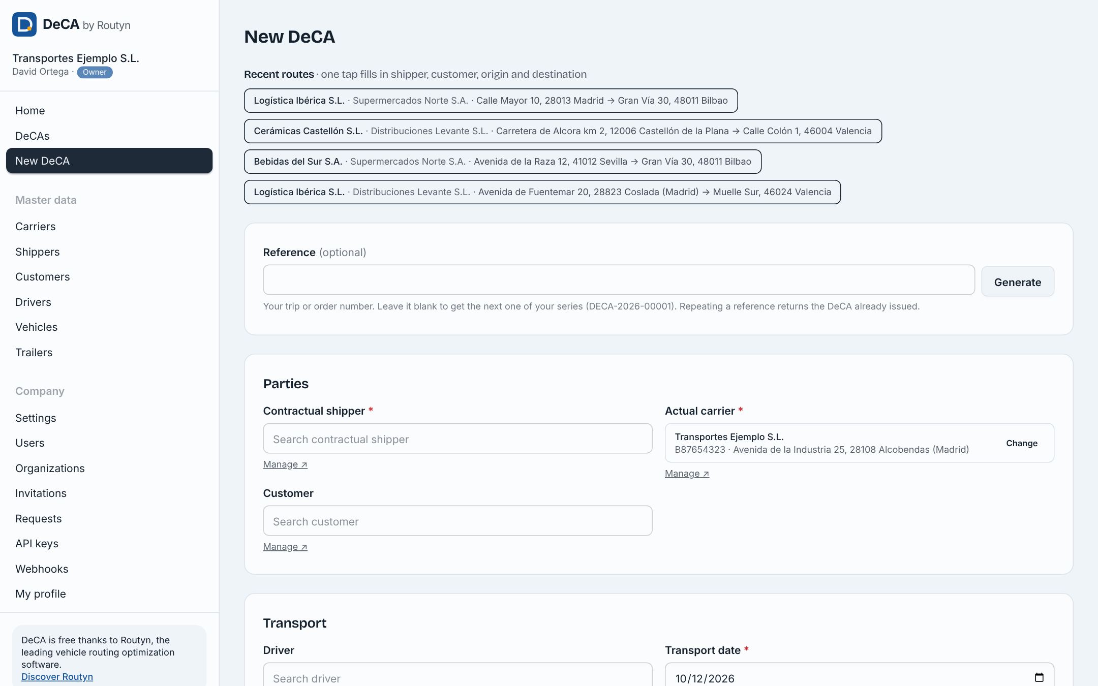 New DeCA form with a shipper's recent routes