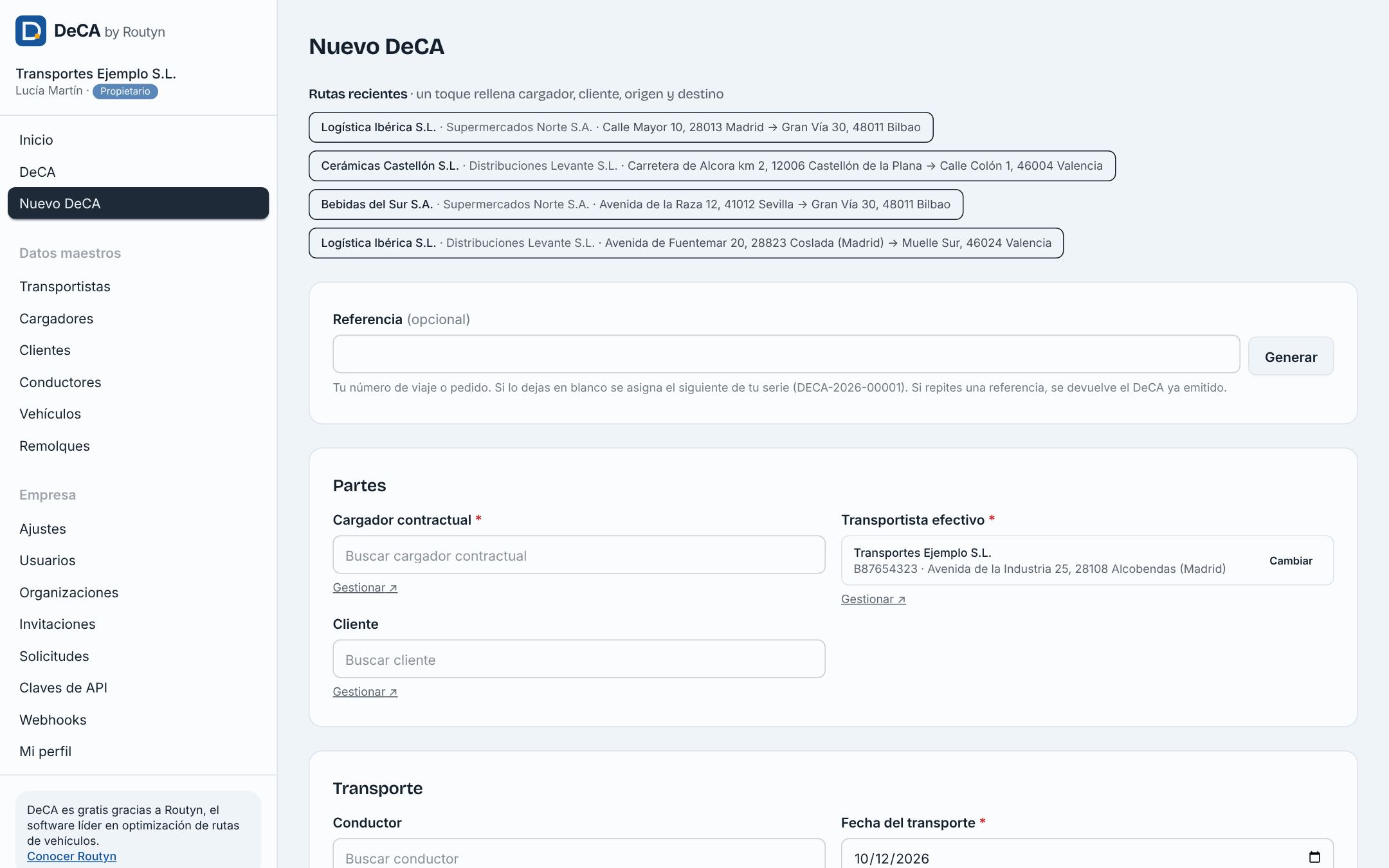 Formulario de nuevo DeCA con rutas recientes de un cargador