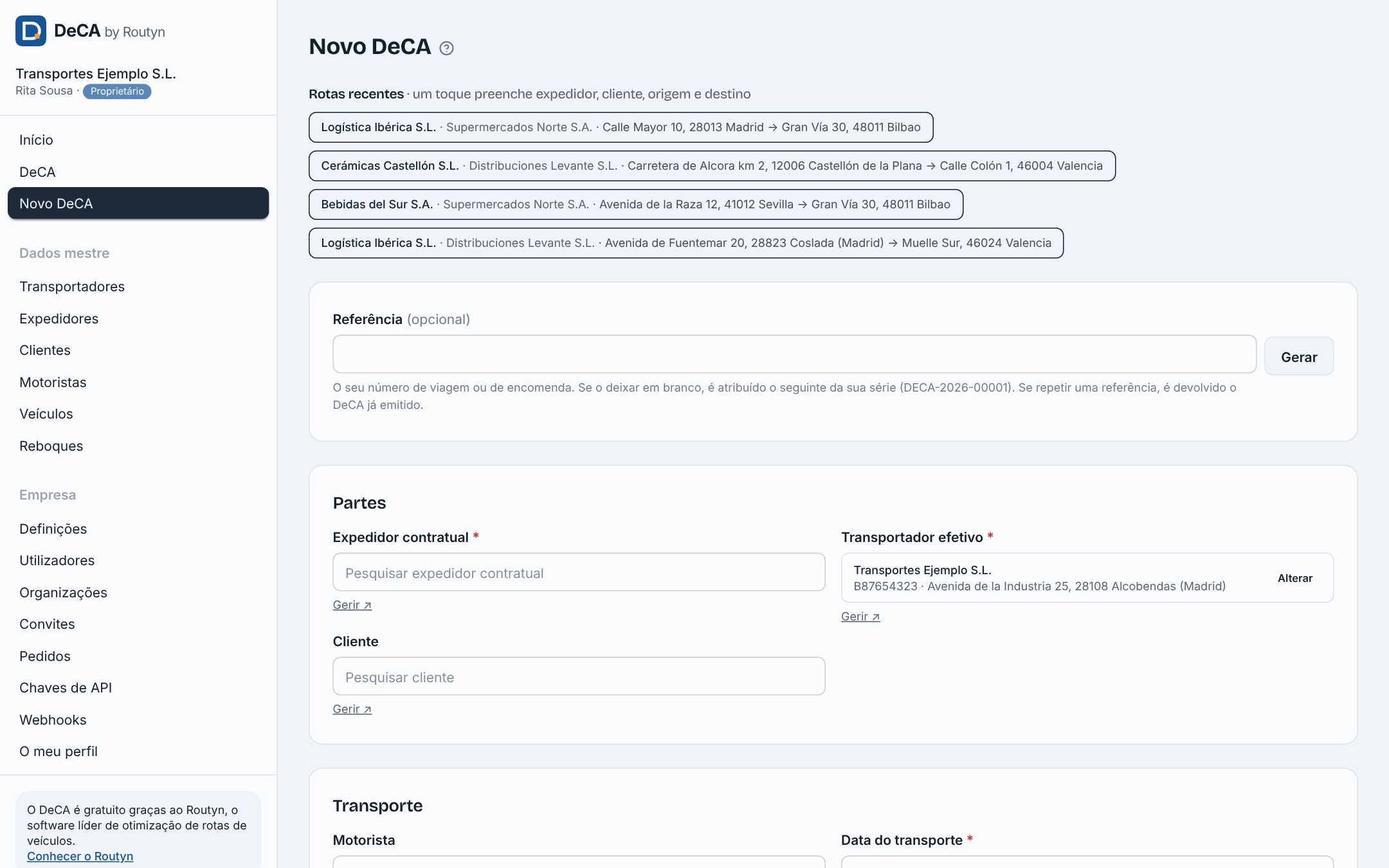 Formulário de novo DeCA com rotas recentes e pesquisa de expedidor, cliente e motorista